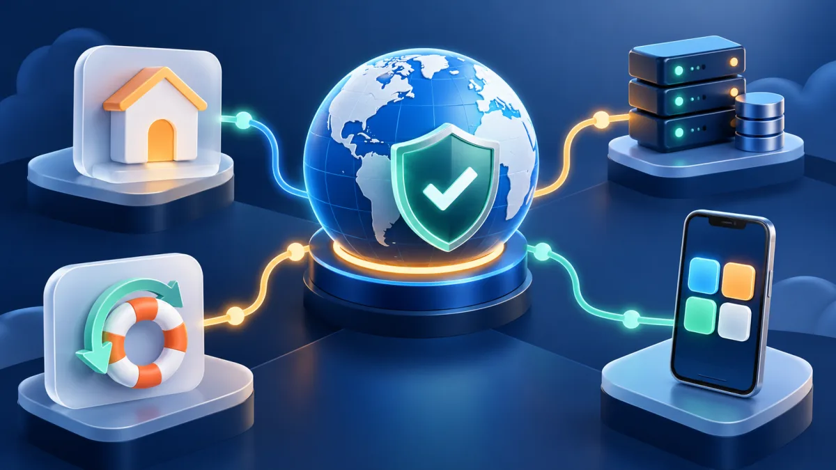 Illustration of a verified branded domain connected to TLS, a root page, missing-link recovery, and mobile app associations