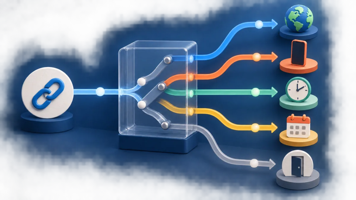 Illustration of one incoming short link being routed by location, device, schedule, experiment, and fallback rules